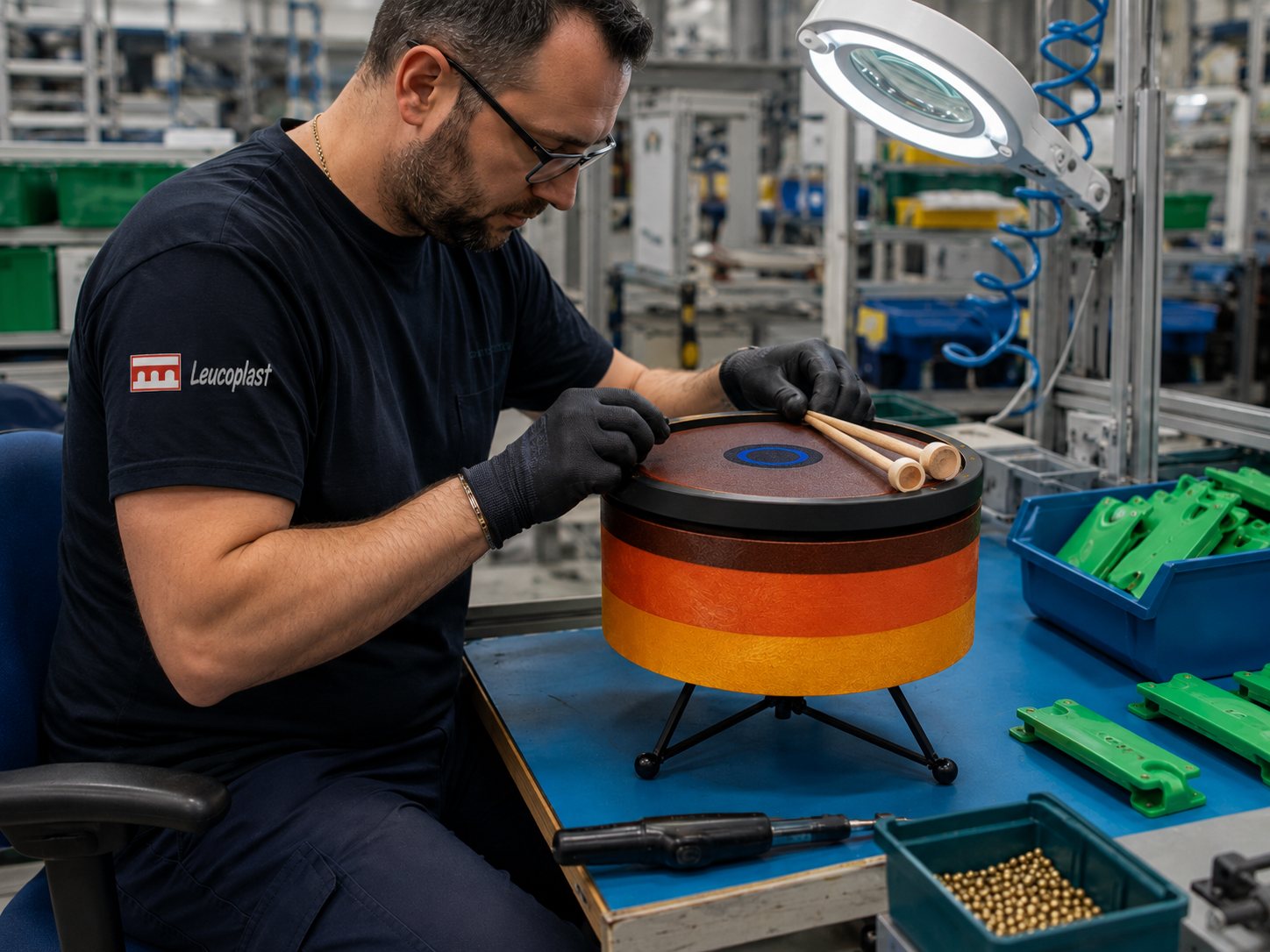 Addetto Leucoplast durante il premontaggio di un prodotto musicale
